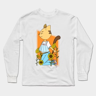 Cartoon anthropomorphic cat in sunflower patch Long Sleeve T-Shirt